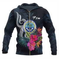 Federated States of Micronesia Zip up Hoodie Tropical Flower Unisex Blue - Polynesian Pride