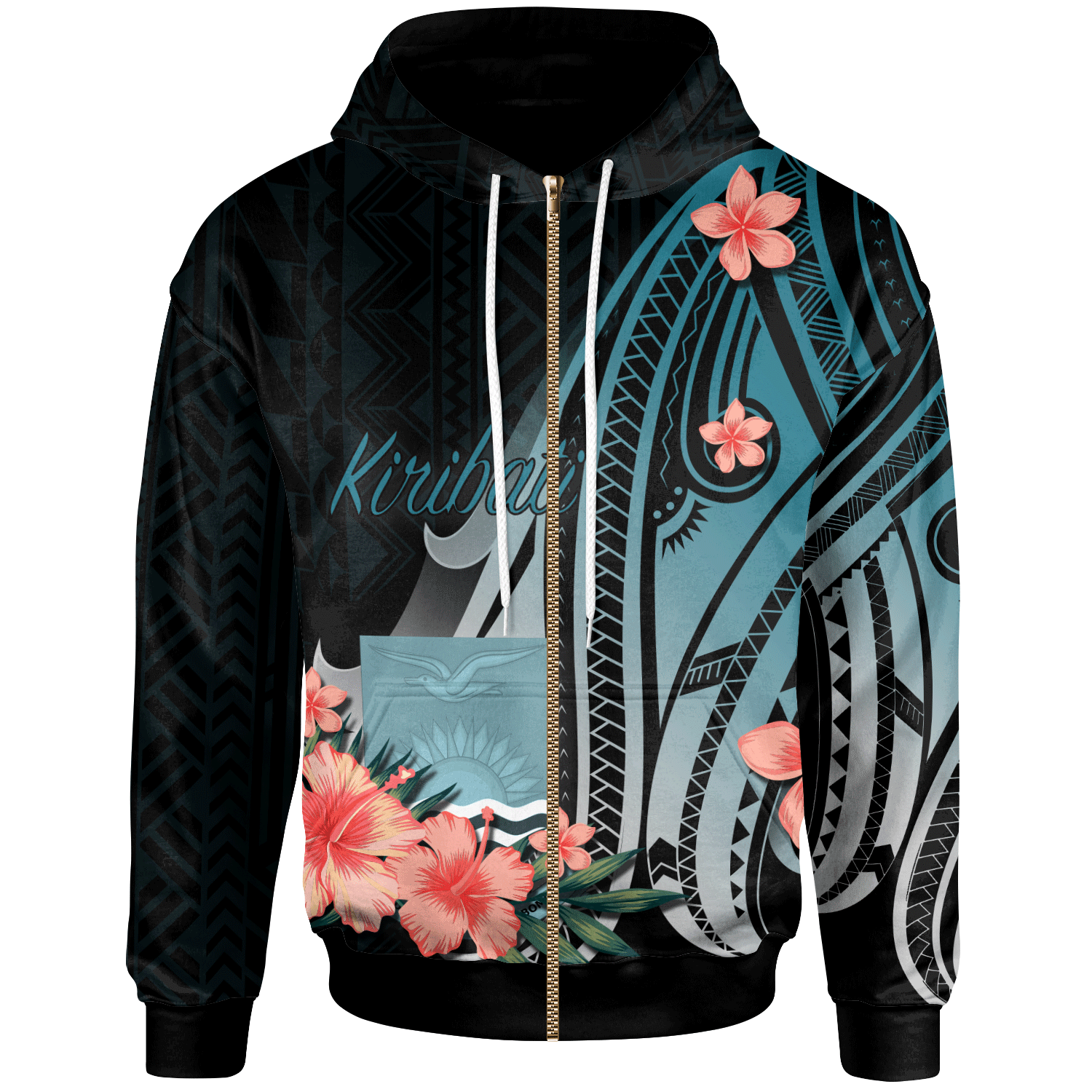 Kiribati Zip Hoodie Turquoise Polynesian Hibiscus Pattern Style Unisex Turquoise - Polynesian Pride