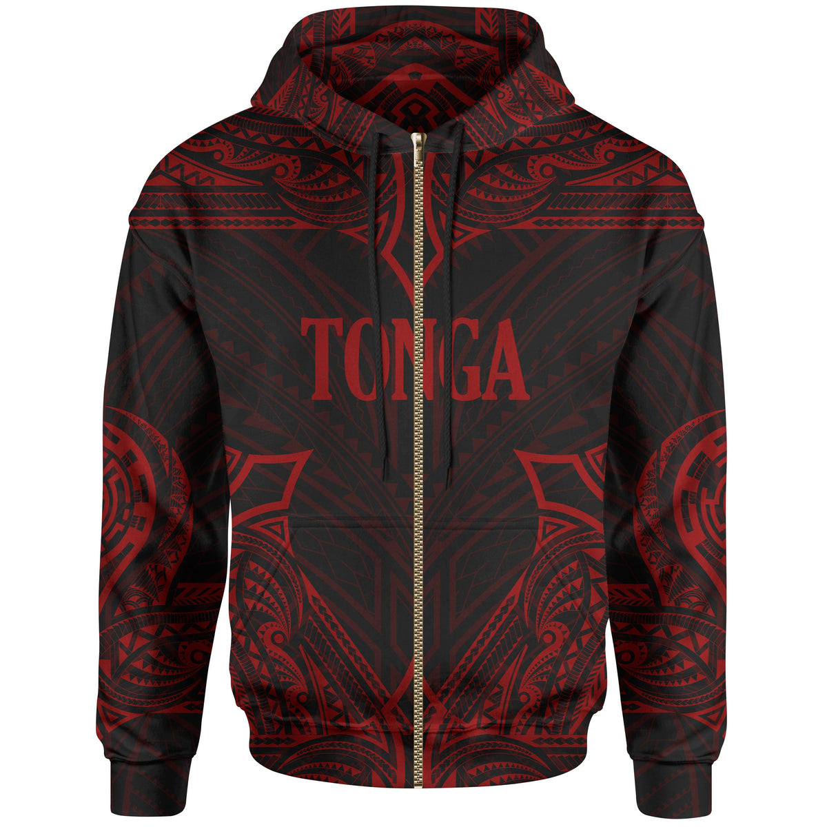 Tonga Zip up Hoodie Coat of Arms With Patterns Red Color Unisex Black - Polynesian Pride