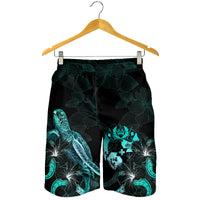 Tonga Polynesian Men's Shorts - Turtle With Blooming Hibiscus Turquoise - Polynesian Pride