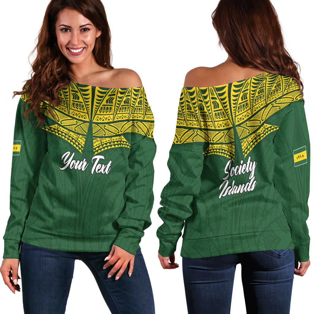 (Custom Personalised) Society Islands Pride Women Off Shoulder Sweater - LT12 Green - Polynesian Pride