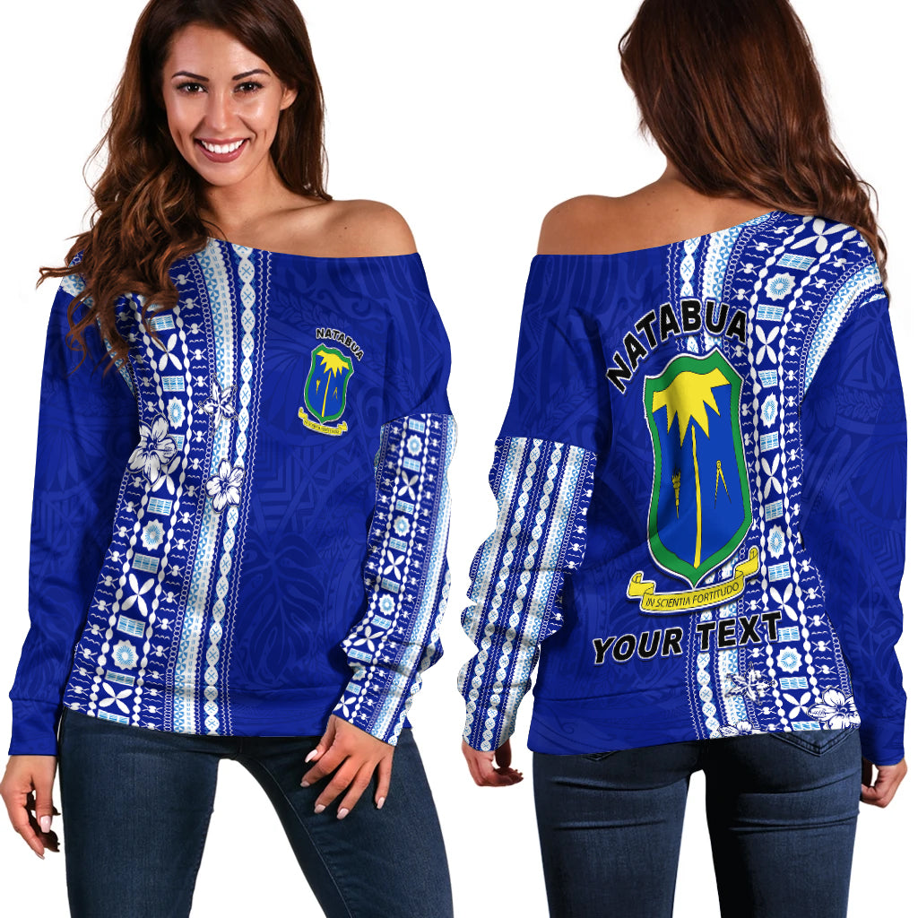 (Custom Personalised) Natabua High School Off Shoulder Sweater Polynesian Lautoka Fiji LT13 Women Blue - Polynesian Pride