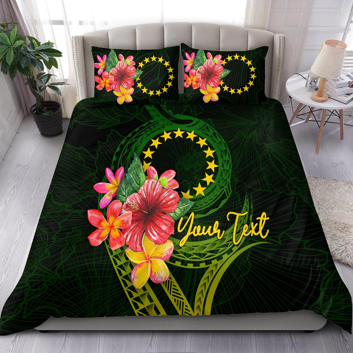 Cook Islands Polynesian Custom Personalised Bedding Set - Floral With Seal Flag Color Green - Polynesian Pride