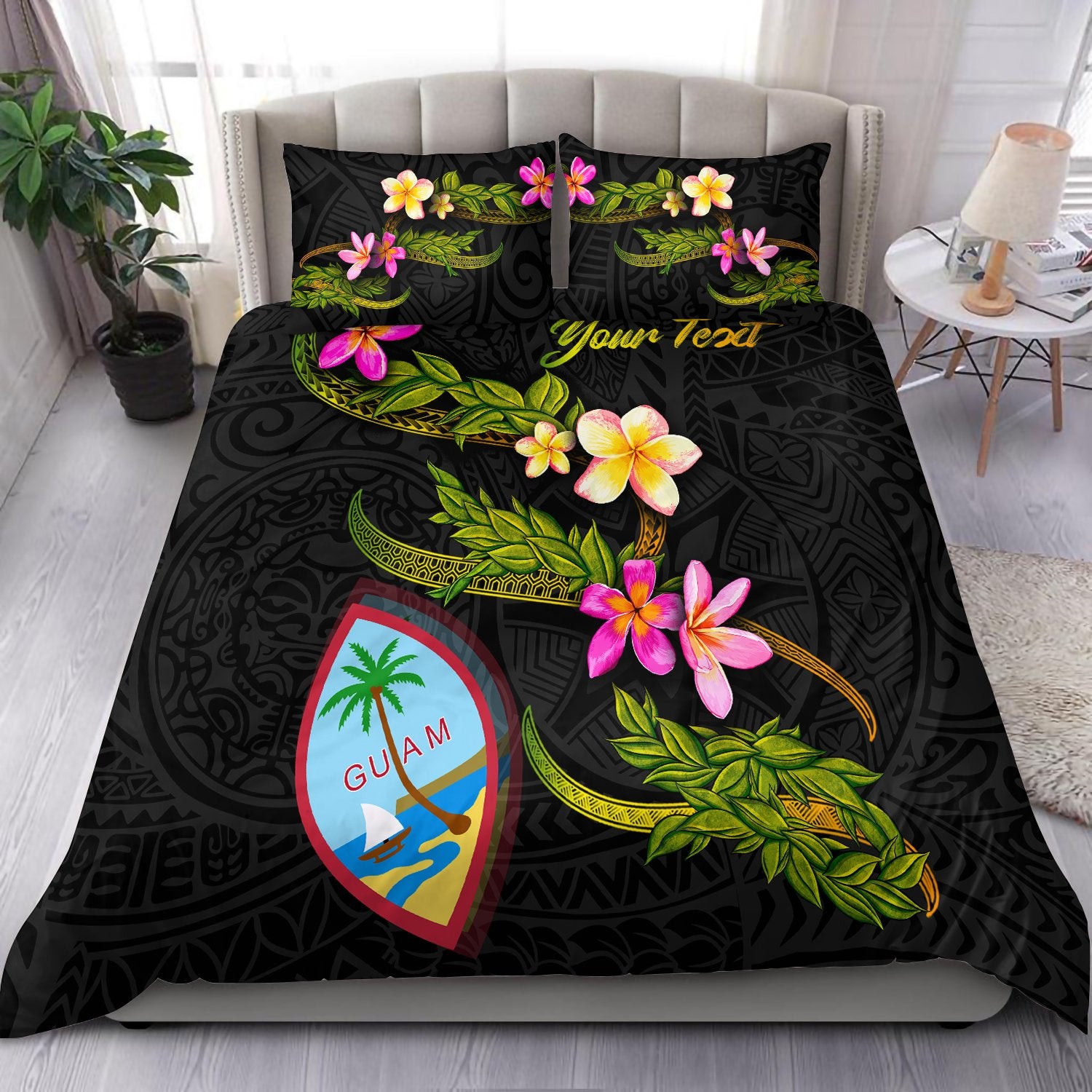 Guam Polynesian Custom Personalised Bedding Set - Plumeria Tribal Black - Polynesian Pride