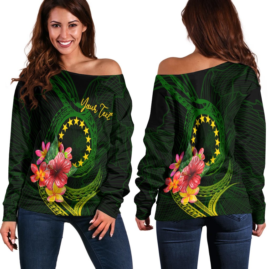 Cook Islands Polynesian Custom Personalised Women's Off Shoulder Sweater - Floral With Seal Flag Color Green - Polynesian Pride