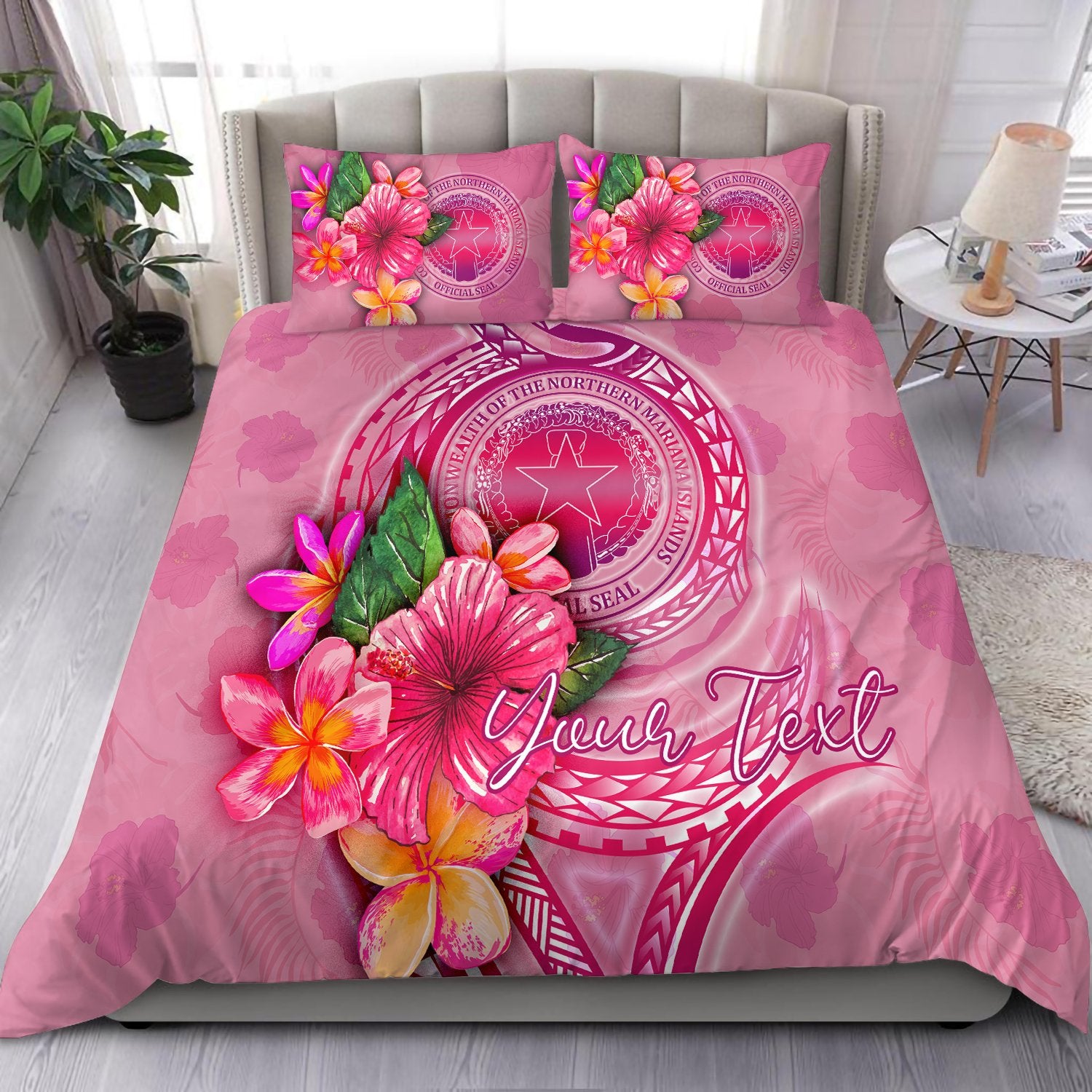 Northern Mariana Islands Polynesian Custom Personalised Bedding Set - Floral With Seal Pink pink - Polynesian Pride