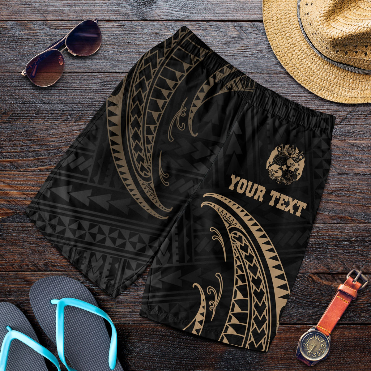 Tonga Polynesian Custom Personalised Men's Short - Gold Tribal Wave - Polynesian Pride