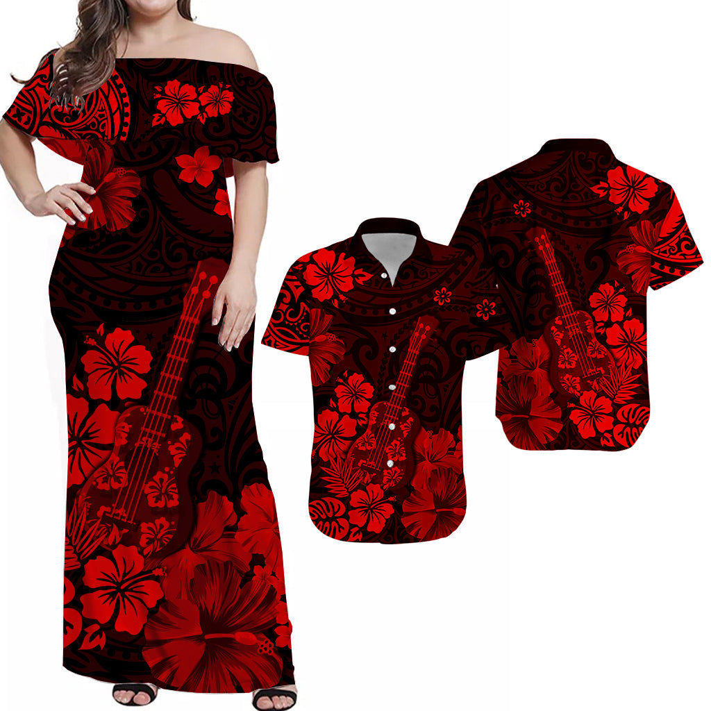 Hawaii Ukulele Matching Tropical Outfits For Couples with Hibiscus Red LT13 Red - Polynesian Pride