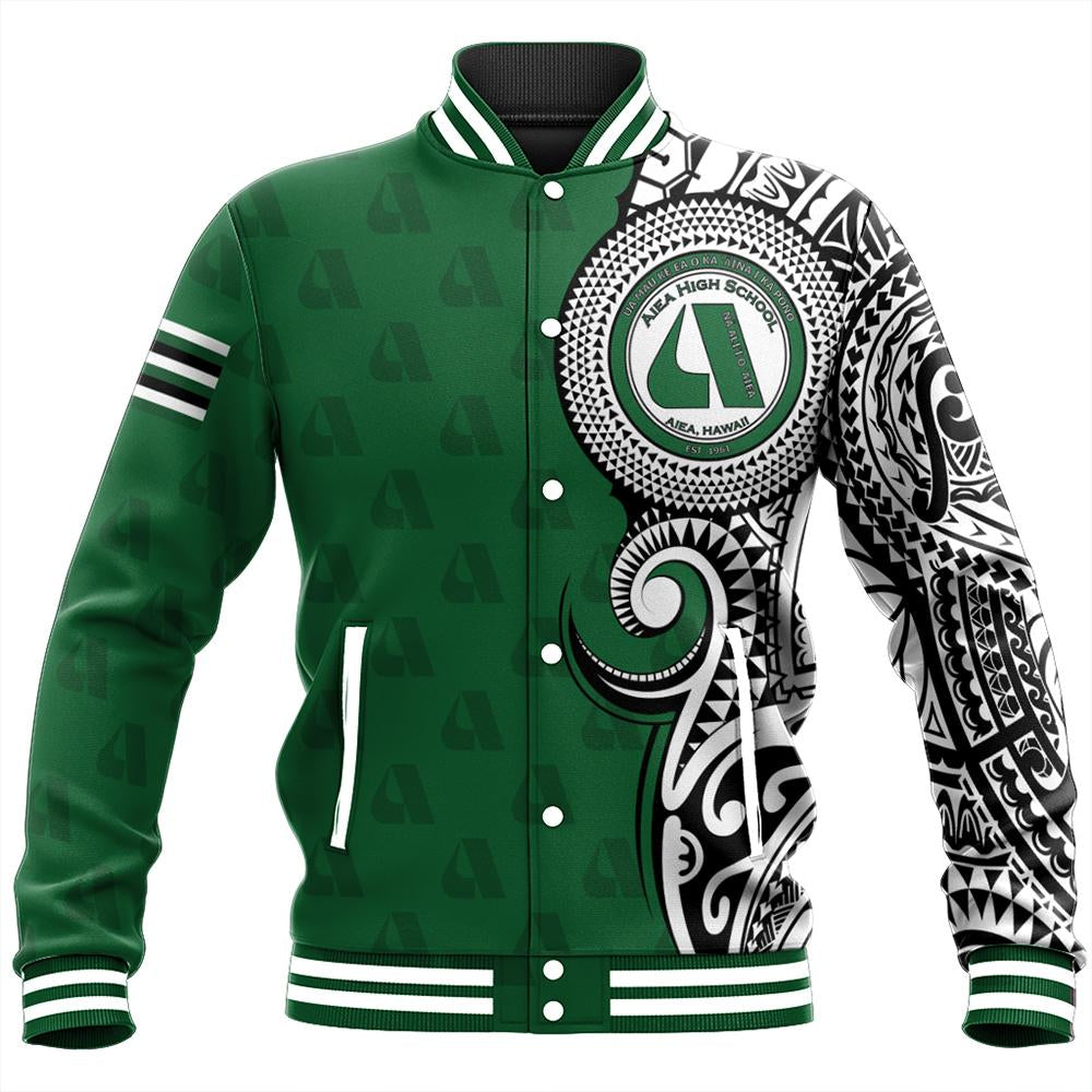 (Personalized) Hawaii Baseball Jacket - Aiea High Tribal Kakau Baseball Jacket - AH Unisex Green - Polynesian Pride