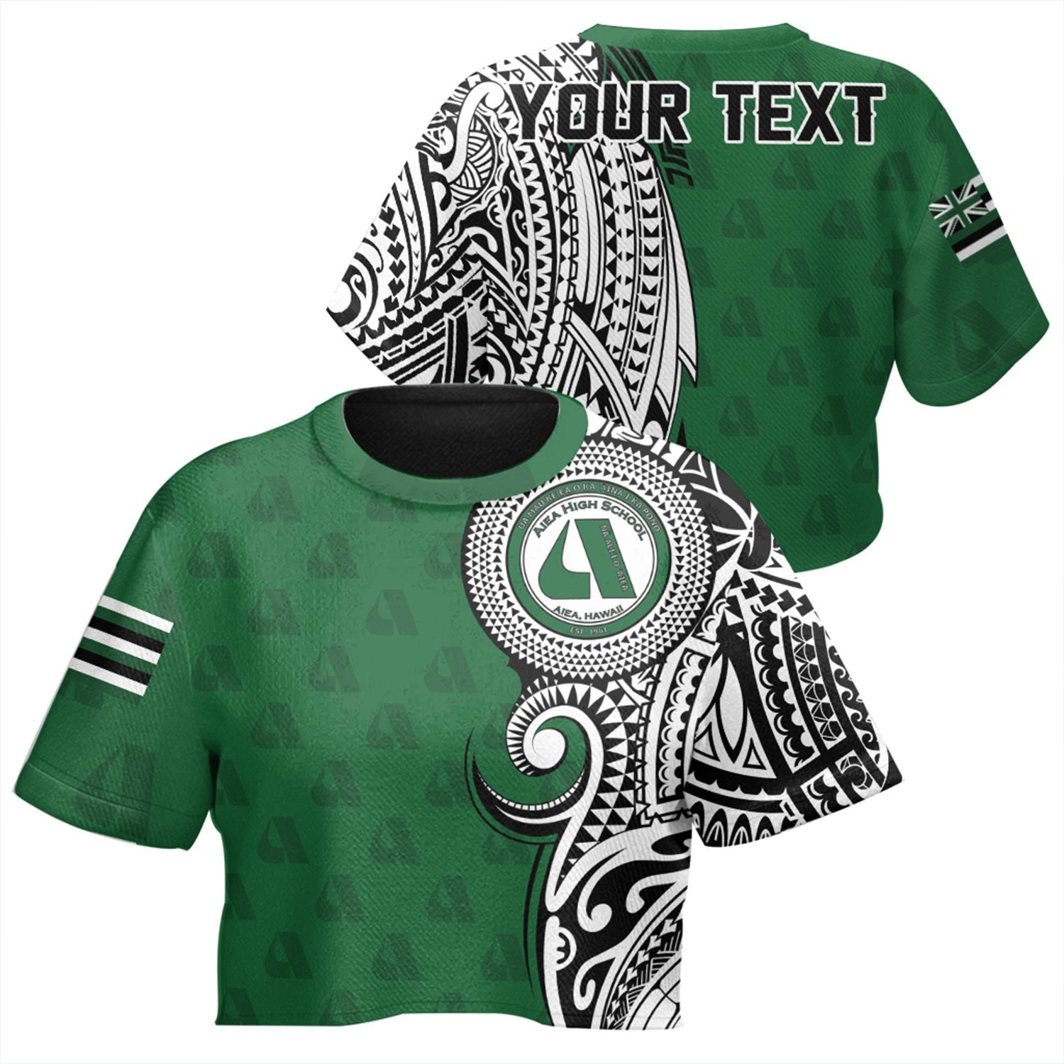(Personalised) Hawaii - Aiea High Tribal Kakau All - over Print Crop Top T-shirt AH Female Green - Polynesian Pride