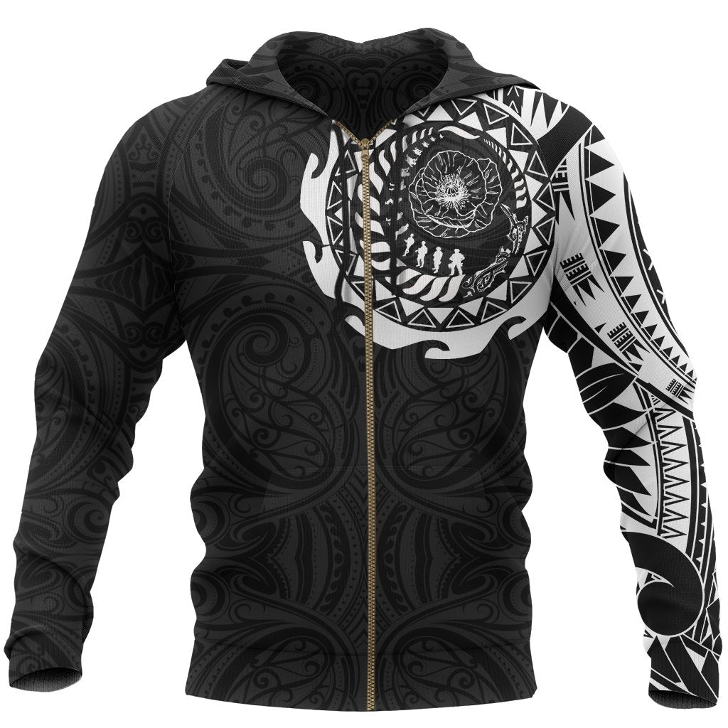 ANZAC Zip Hoodie, New Zealand Lest We Forget Maori Tattoo Zip up Hoodie Unisex Black - Polynesian Pride