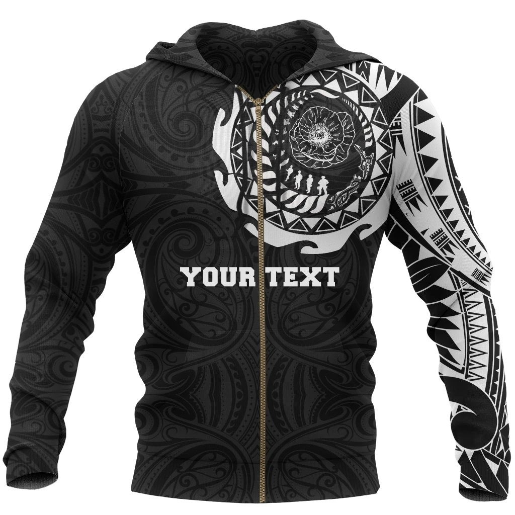 New Zealand ANZAC Zip Hoodie, Lest We Forget Maori Tattoo Full Zip Hoodie Customized Unisex Black - Polynesian Pride