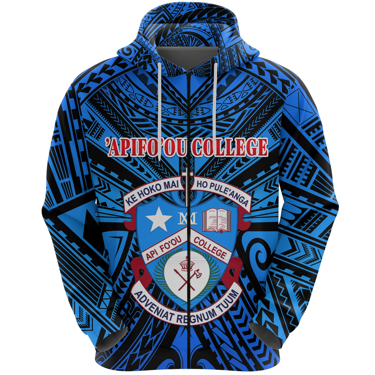 Custom Kolisi Apifoou College Tonga Zip Hoodie Blue, Custom Text and Number - Polynesian Pride