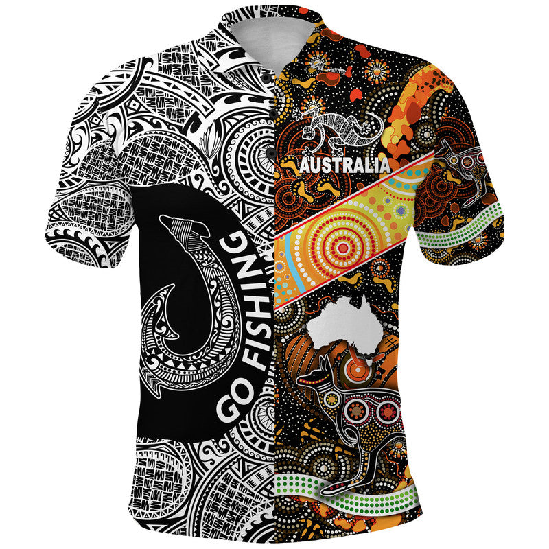 Australia Aboriginal and Fiji Go Fishing Polo Shirt Together LT8 Black - Polynesian Pride