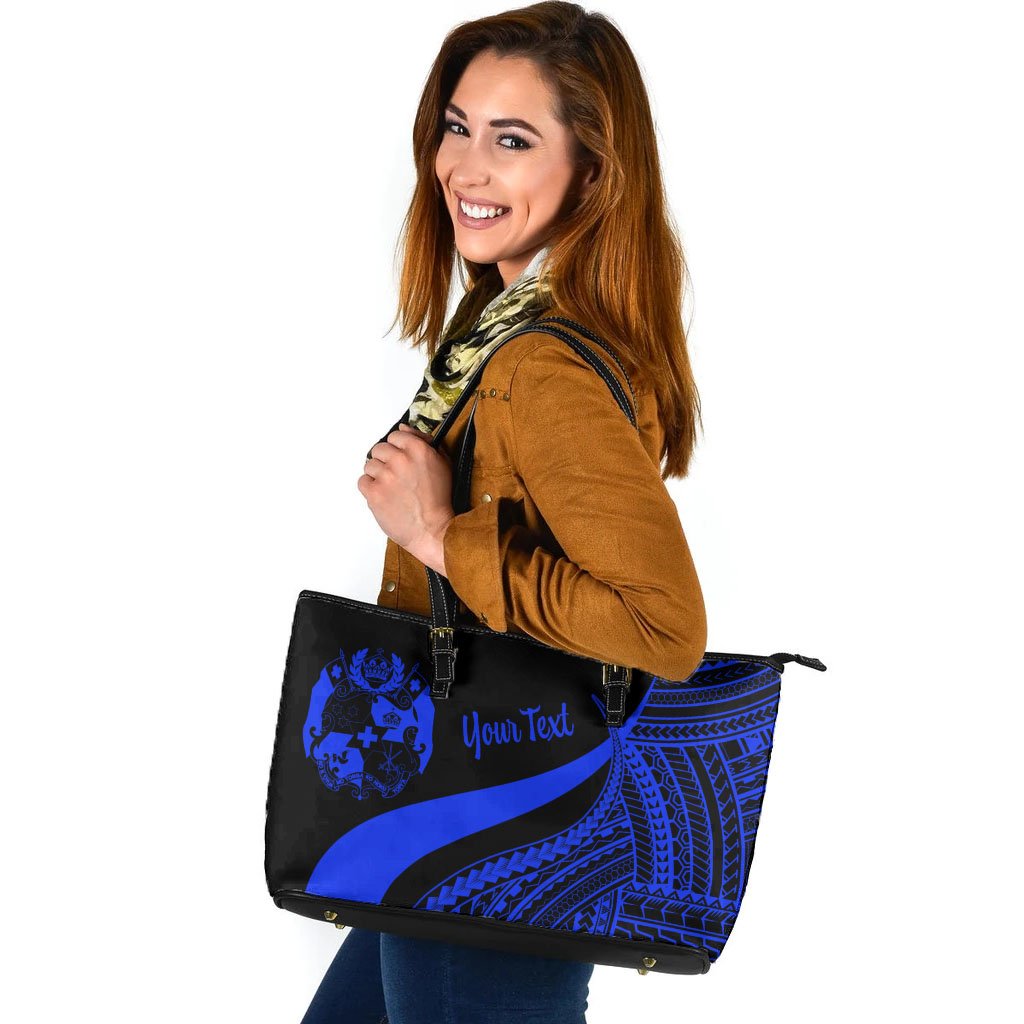Tonga Custom Personalised Large Leather Tote Bag - Blue Polynesian Tentacle Tribal Pattern Blue - Polynesian Pride