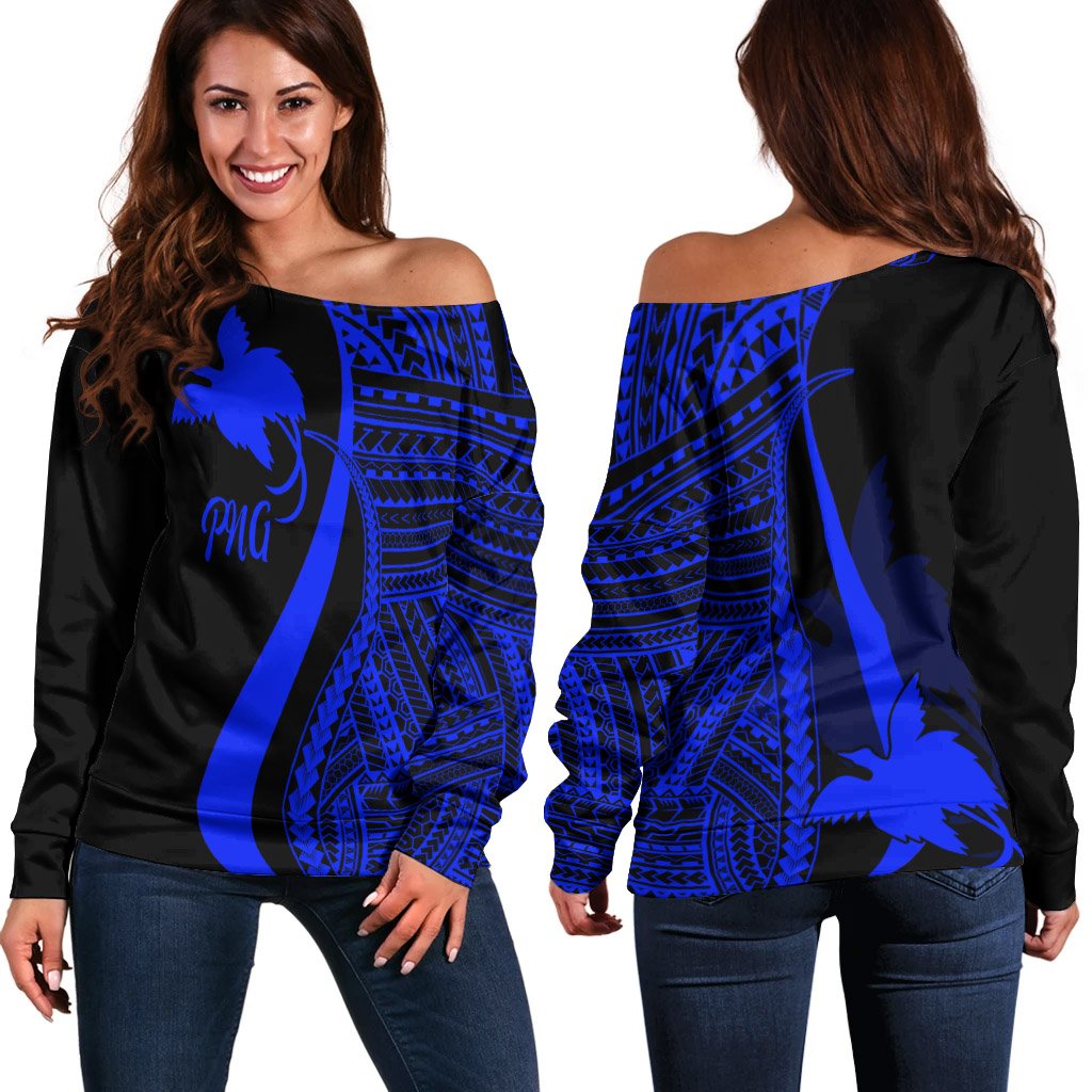 Papua New Guinea Women's Off Shoulder Sweater - Blue Polynesian Tentacle Tribal Pattern Blue - Polynesian Pride