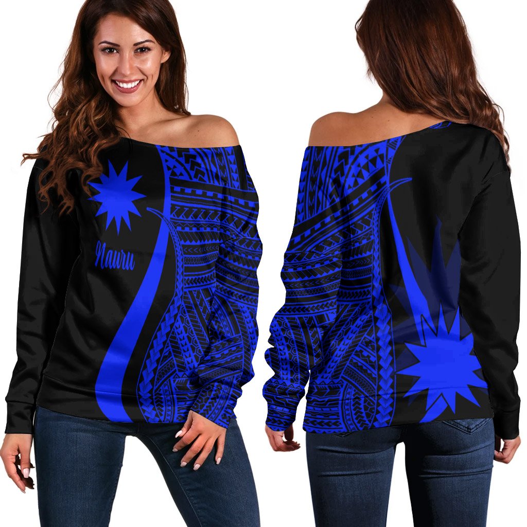 Nauru Women's Off Shoulder Sweater - Blue Polynesian Tentacle Tribal Pattern Blue - Polynesian Pride