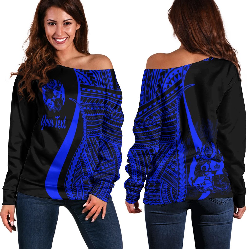 Tonga Custom Personalised Women's Off Shoulder Sweater - Blue Polynesian Tentacle Tribal Pattern Blue - Polynesian Pride