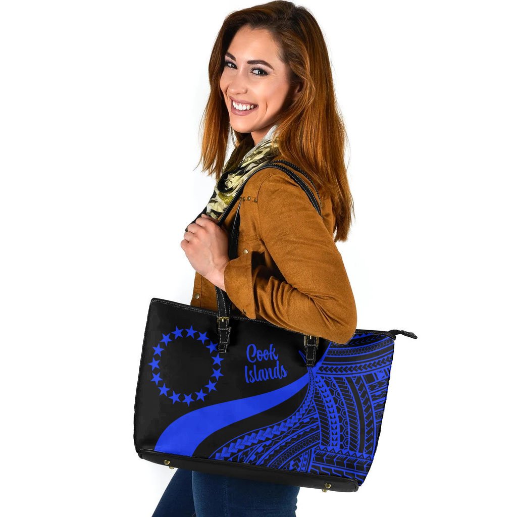 Cook Islands Large Leather Tote Bag - Blue Polynesian Tentacle Tribal Pattern Blue - Polynesian Pride