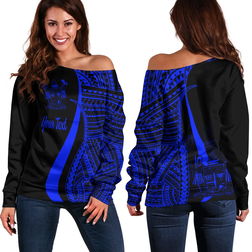 Fiji Custom Personalised Women's Off Shoulder Sweater - Blue Polynesian Tentacle Tribal Pattern Crest Blue - Polynesian Pride
