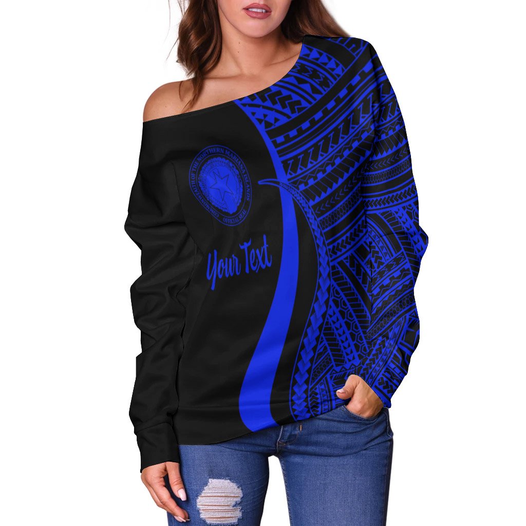 Northern Mariana Islands Custom Personalised Women's Off Shoulder Sweater - Blue Polynesian Tentacle Tribal Pattern - Polynesian Pride