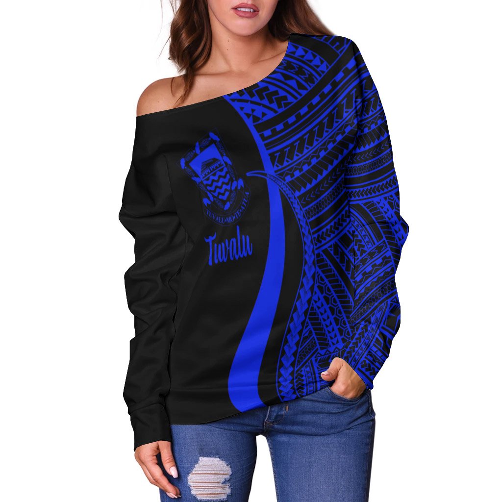Tuvalu Women's Off Shoulder Sweater - Blue Polynesian Tentacle Tribal Pattern - Polynesian Pride
