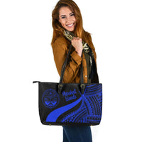 Marshall Islands Large Leather Tote Bag - Blue Polynesian Tentacle Tribal Pattern Crest - Polynesian Pride