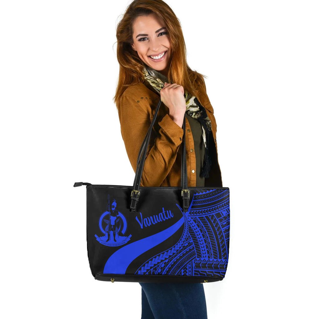 Vanuatu Large Leather Tote Bag - Blue Polynesian Tentacle Tribal Pattern - Polynesian Pride