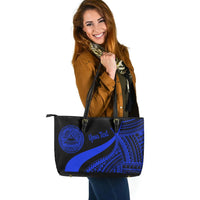 American Samoa Custom Personalised Large Leather Tote Bag - Blue Polynesian Tentacle Tribal Pattern - Polynesian Pride