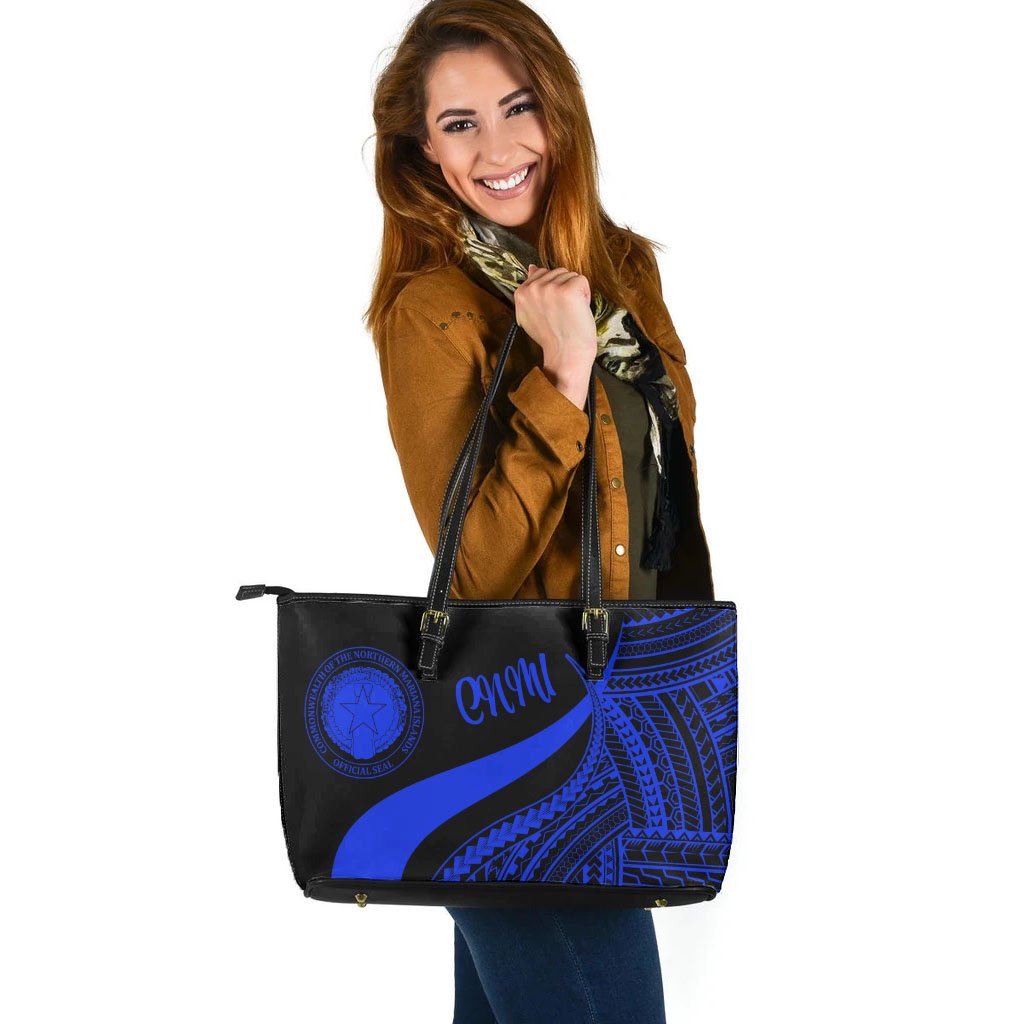 Northern Mariana Islands Large Leather Tote Bag - Blue Polynesian Tentacle Tribal Pattern - Polynesian Pride