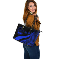 Marshall Islands Custom Personalised Large Leather Tote Bag - Blue Polynesian Tentacle Tribal Pattern Crest - Polynesian Pride