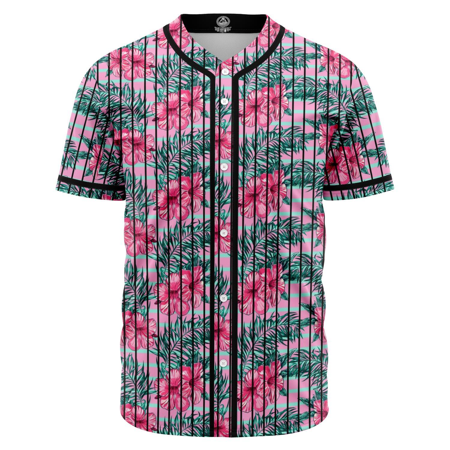 Hawaii Tropical Flowers Palm Leaves Hibiscus Baseball Jersey Black - Polynesian Pride