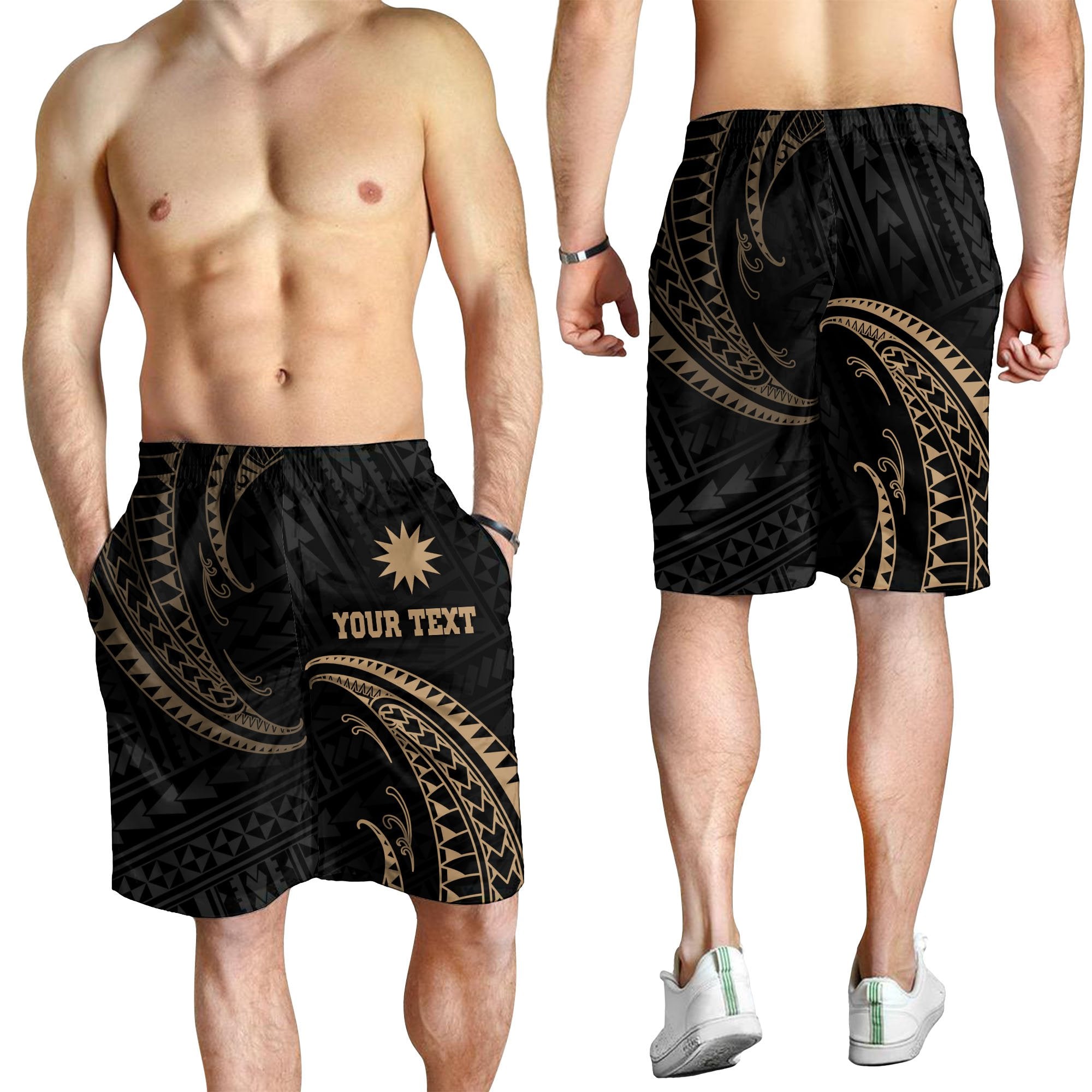 Nauru Polynesian Custom Personalised Men's Short - Gold Tribal Wave - Polynesian Pride