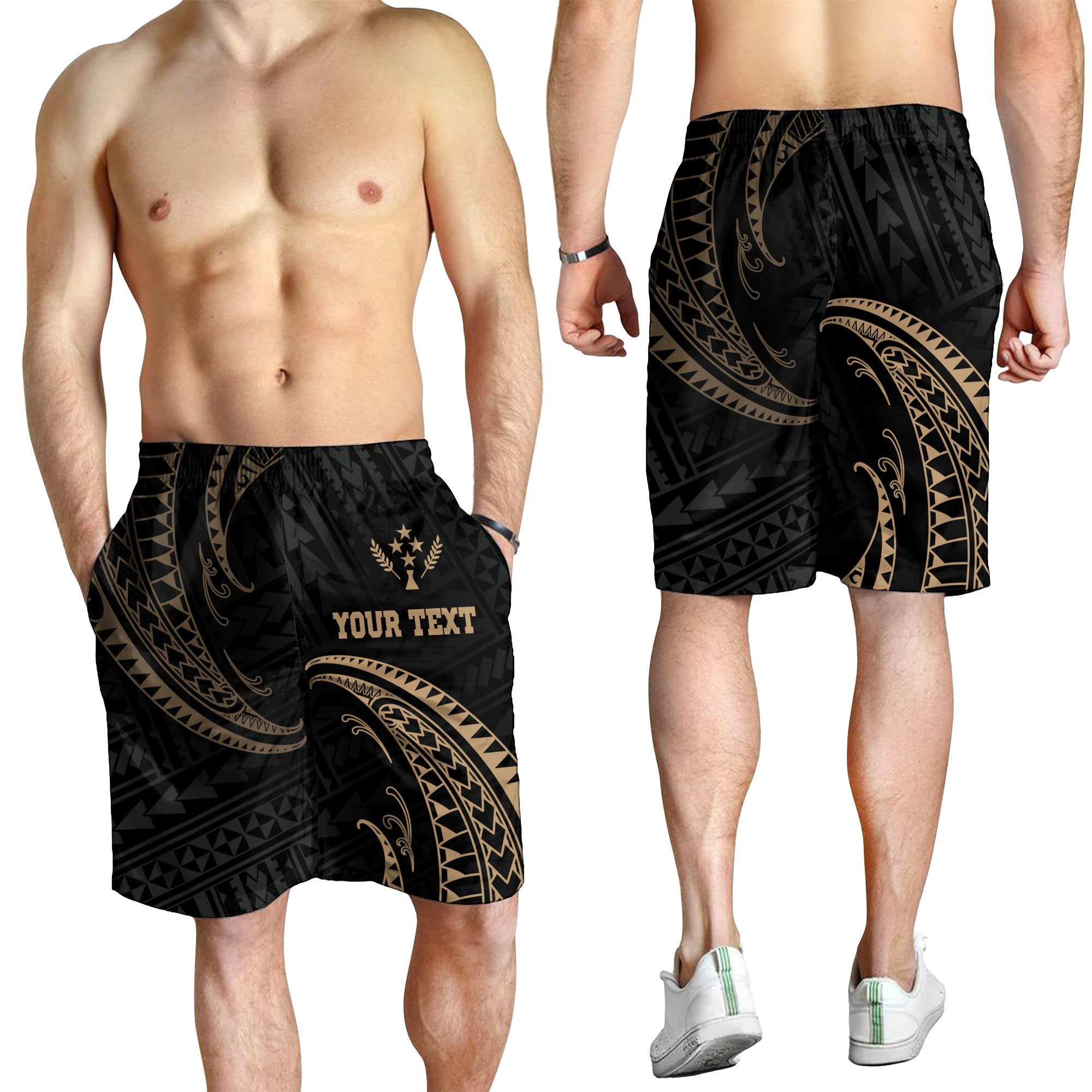 Kosrae Polynesian Custom Personalised Men's Short - Gold Tribal Wave - Polynesian Pride