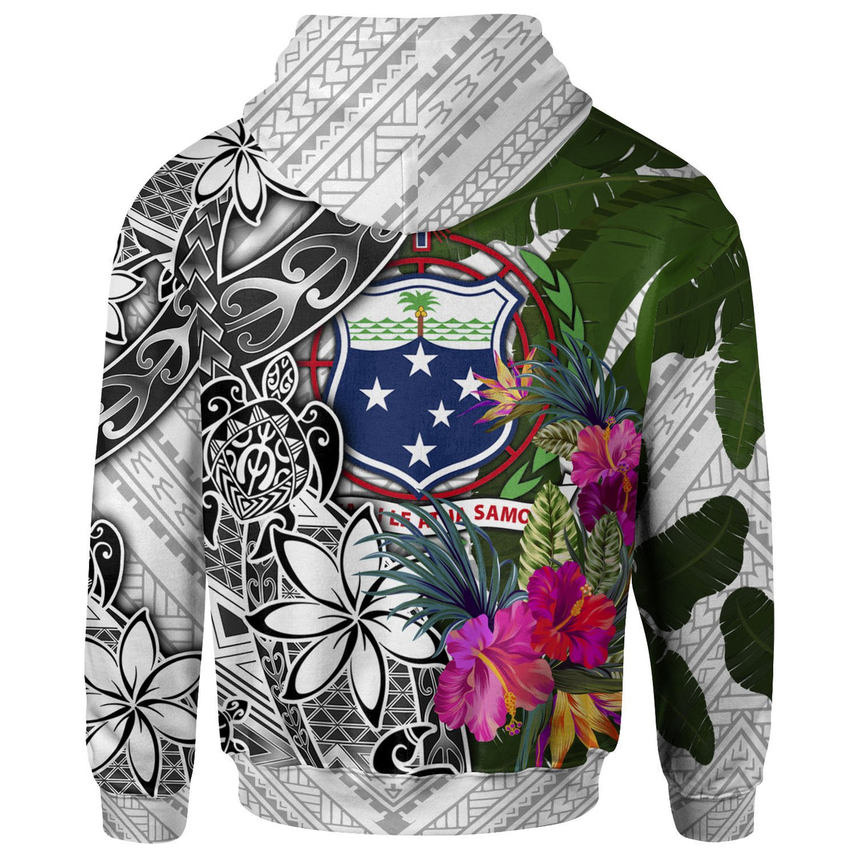 Samoa Hoodie White Turtle Plumeria Banana Leaf - Polynesian Pride