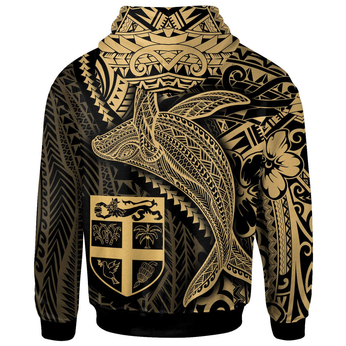 Fiji Zip up Hoodie Humpback Whale & Coat of Arms Gold - Polynesian Pride