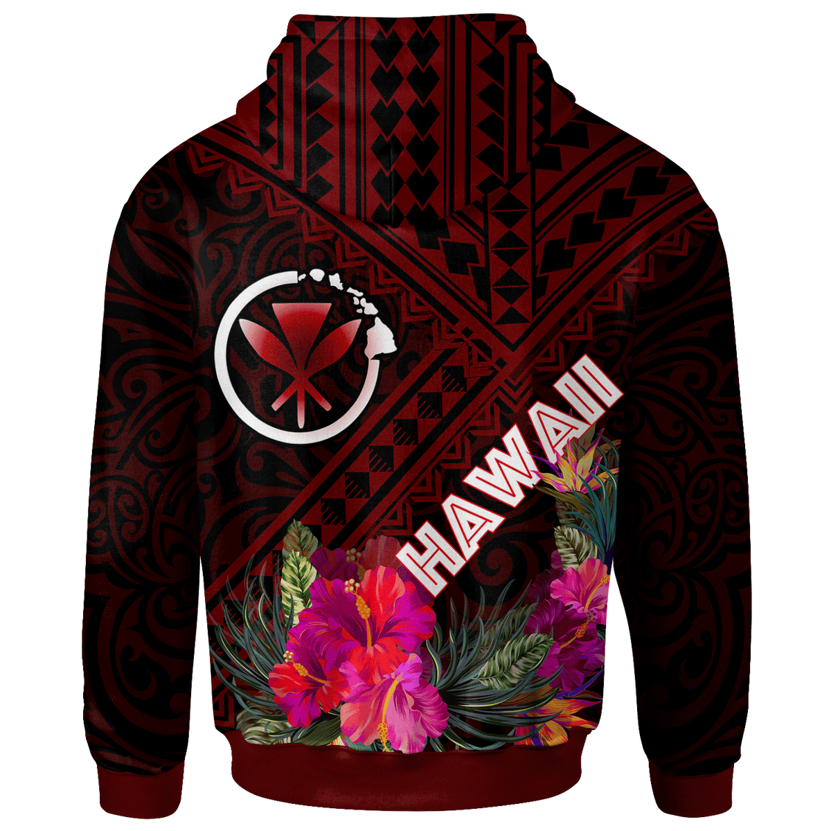 Hawaii Hoodie Kanaka Maoli With Hibiscus On Polynesian Patterns (RED) - Polynesian Pride