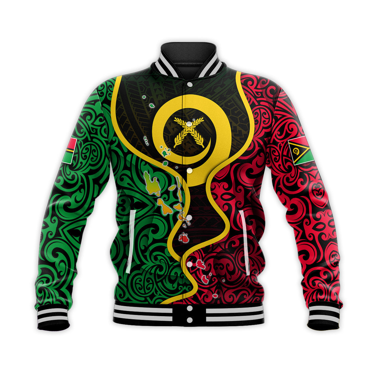 (Custom Personalised) Vanuatu Off Shoulder Baseball Jacket Flag Special Style LT6 Unisex Black - Polynesian Pride