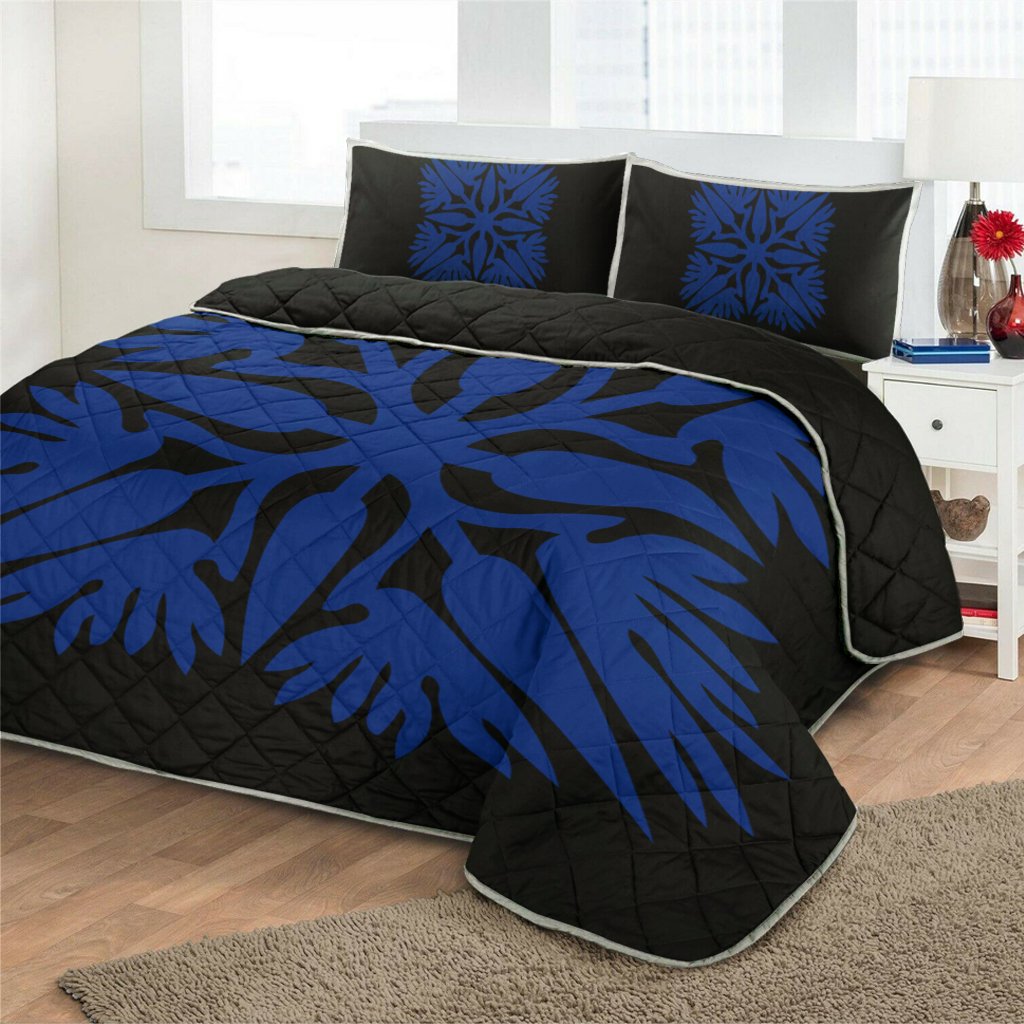 Hawaiian Royal Pattern Quilt Bed Set - Black And Blue - A3 Style - Polynesian Pride
