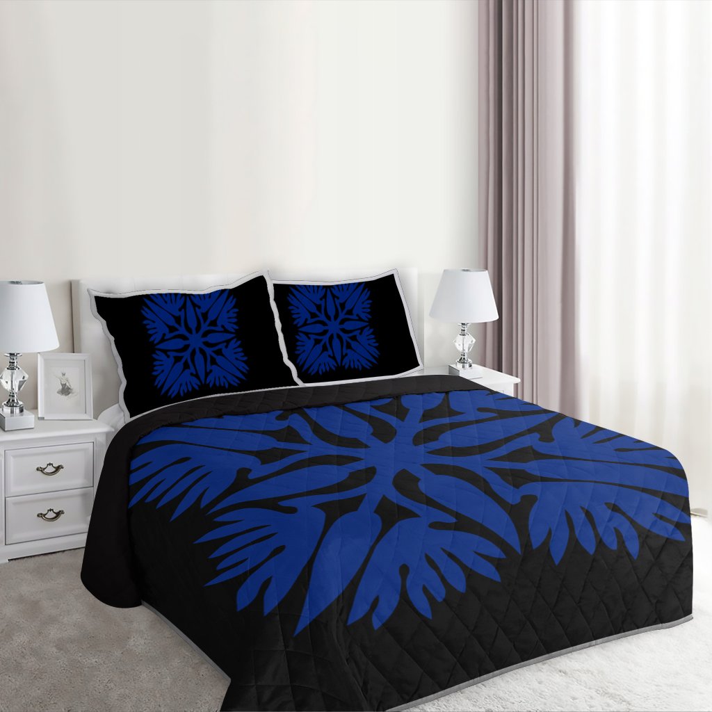 Hawaiian Royal Pattern Quilt Bed Set - Black And Blue - A3 Style - Polynesian Pride