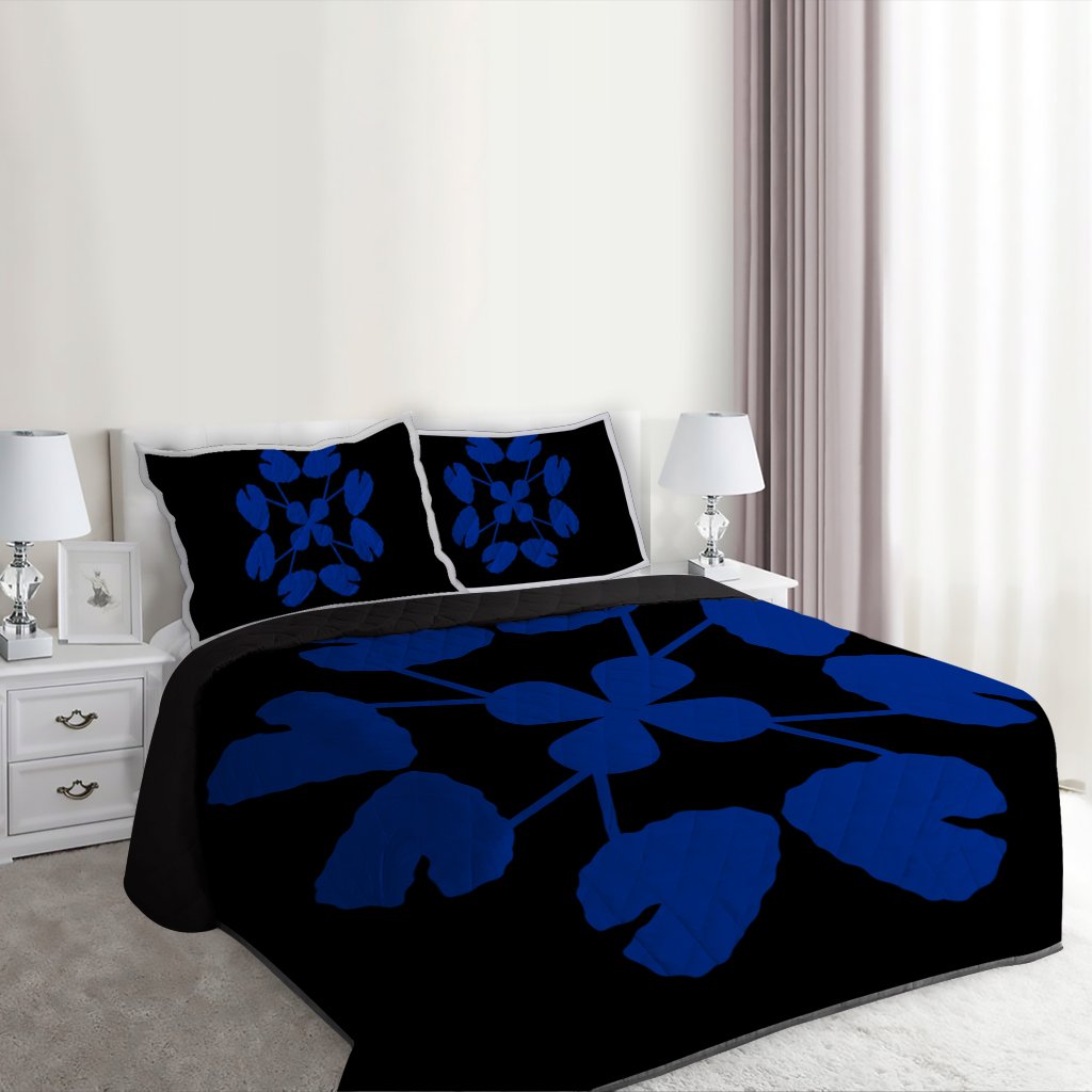 Hawaiian Royal Pattern Quilt Bed Set - Black And Blue - D3 Style - Polynesian Pride
