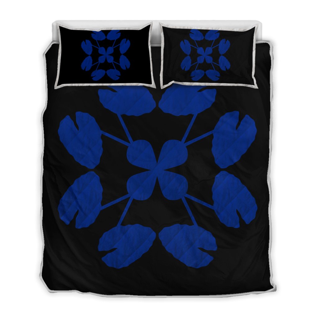 Hawaiian Royal Pattern Quilt Bed Set - Black And Blue - D3 Style Blue - Polynesian Pride