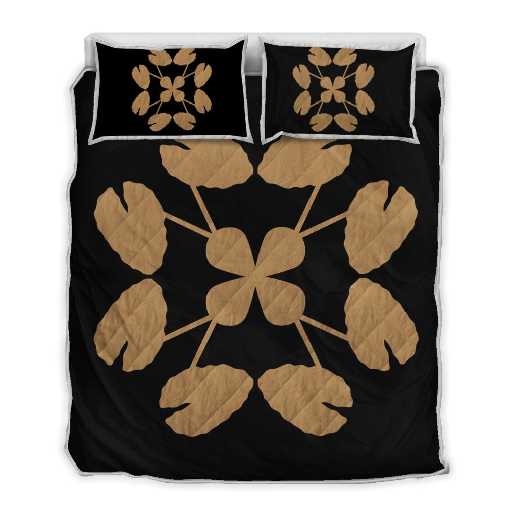 Hawaiian Royal Pattern Quilt Bed Set - Black And Gold - D3 Style Gold - Polynesian Pride