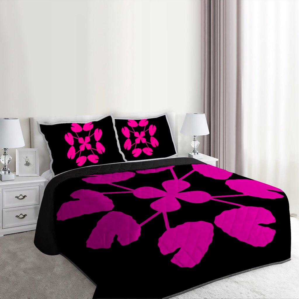 Hawaiian Royal Pattern Quilt Bed Set - Black And Pink - D3 Style - Polynesian Pride