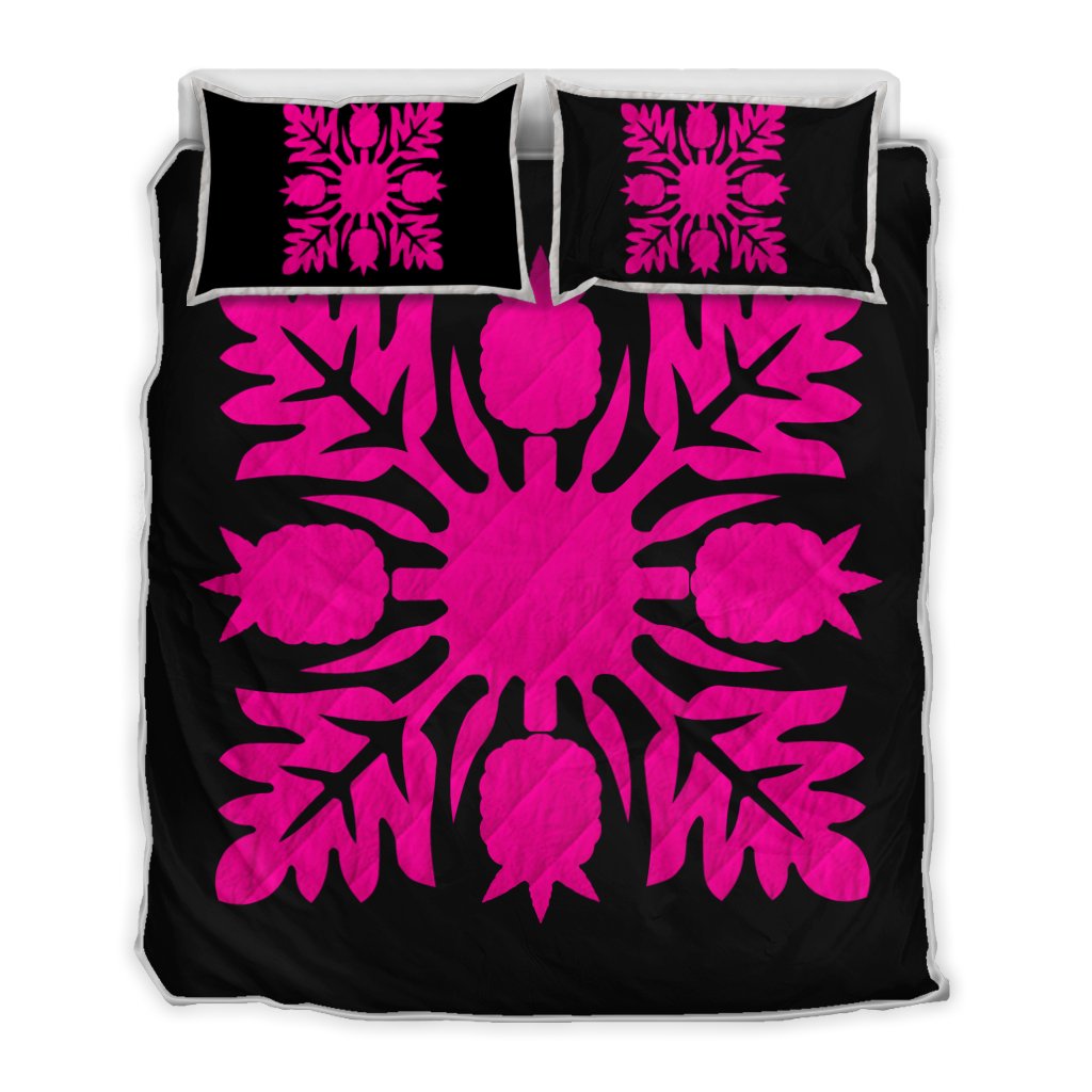 Hawaiian Royal Pattern Quilt Bed Set - Black And Pink - N1 Style - AH Art - Polynesian Pride