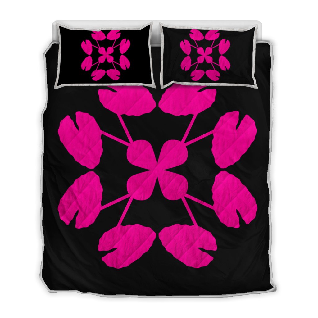 Hawaiian Royal Pattern Quilt Bed Set - Black And Pink - D3 Style Art - Polynesian Pride