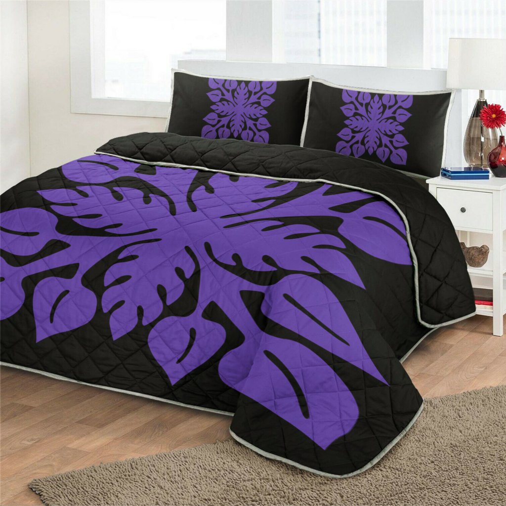 Hawaiian Royal Pattern Quilt Bed Set - Black And Purple - M2 Style - AH - Polynesian Pride