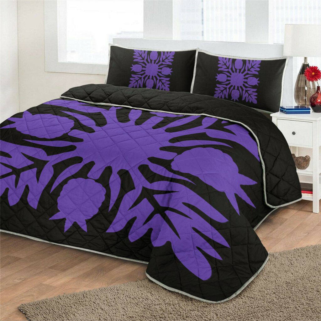 Hawaiian Royal Pattern Quilt Bed Set - Black And Purple - N1 Style - AH - Polynesian Pride