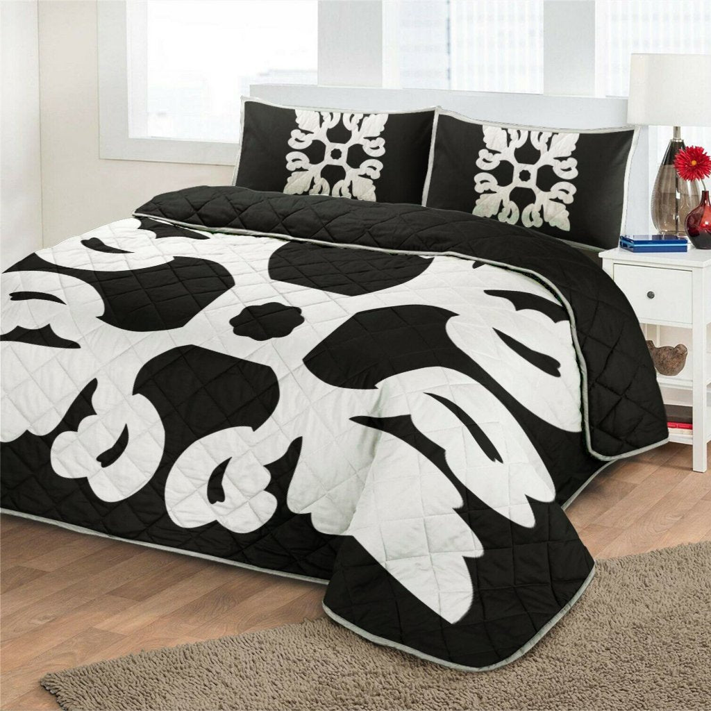 Hawaiian Royal Pattern Quilt Bed Set - Black And White - M1 Style - AH - Polynesian Pride