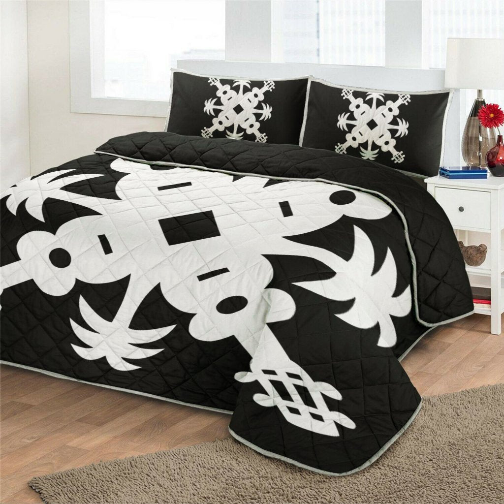 Hawaiian Royal Pattern Quilt Bed Set - Black And White - L2 Style - AH - Polynesian Pride